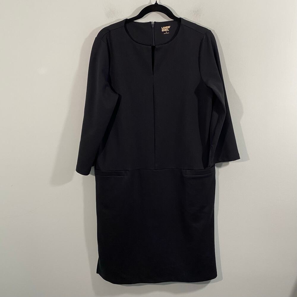 Lands' End Women Black Ponte 3/4 Sleeve Split Neck Shift Dress Size 12